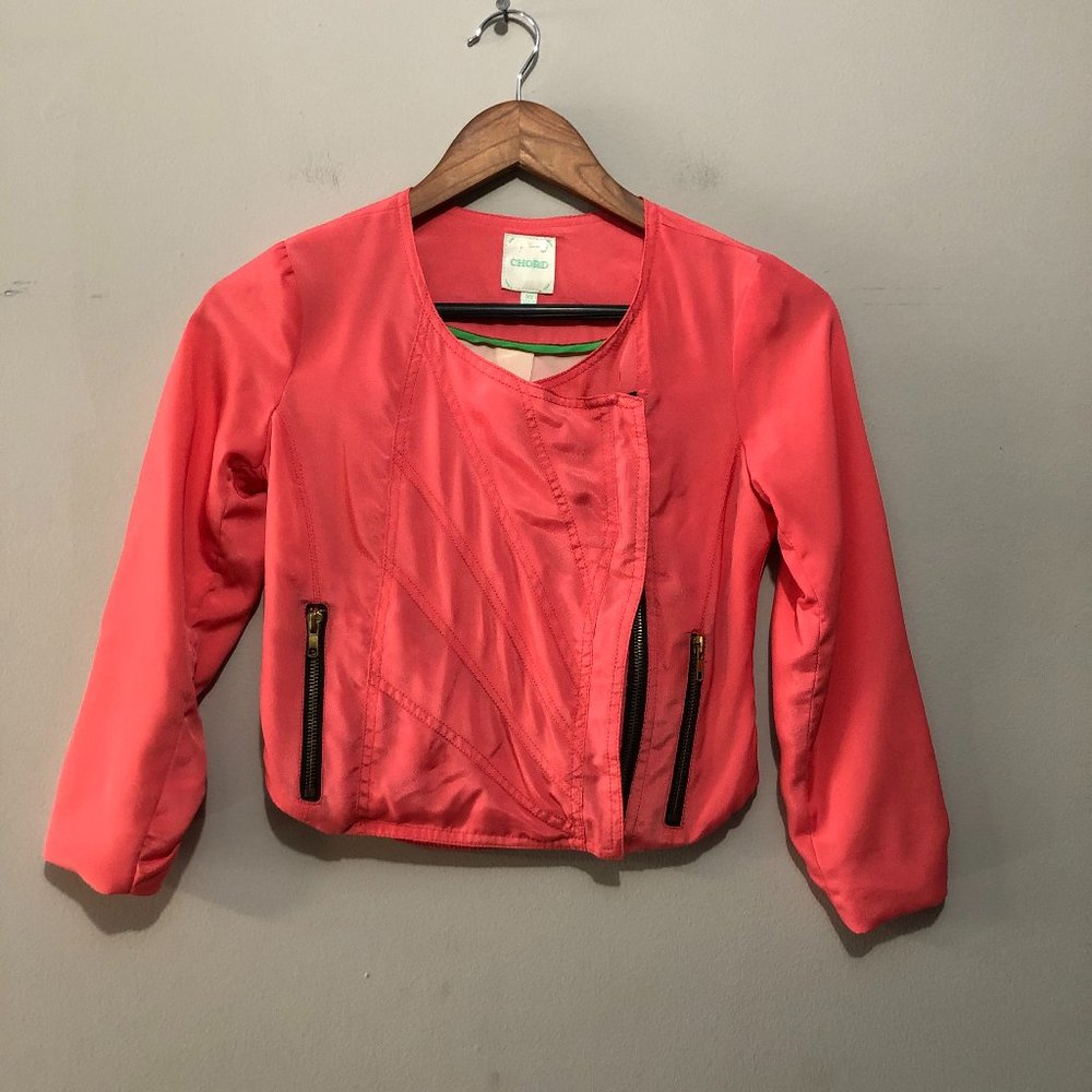 Chord 3/4 Sleeve Cropped Jacket w/ Asymmetrical Zip Closure & Pockets Pink XS